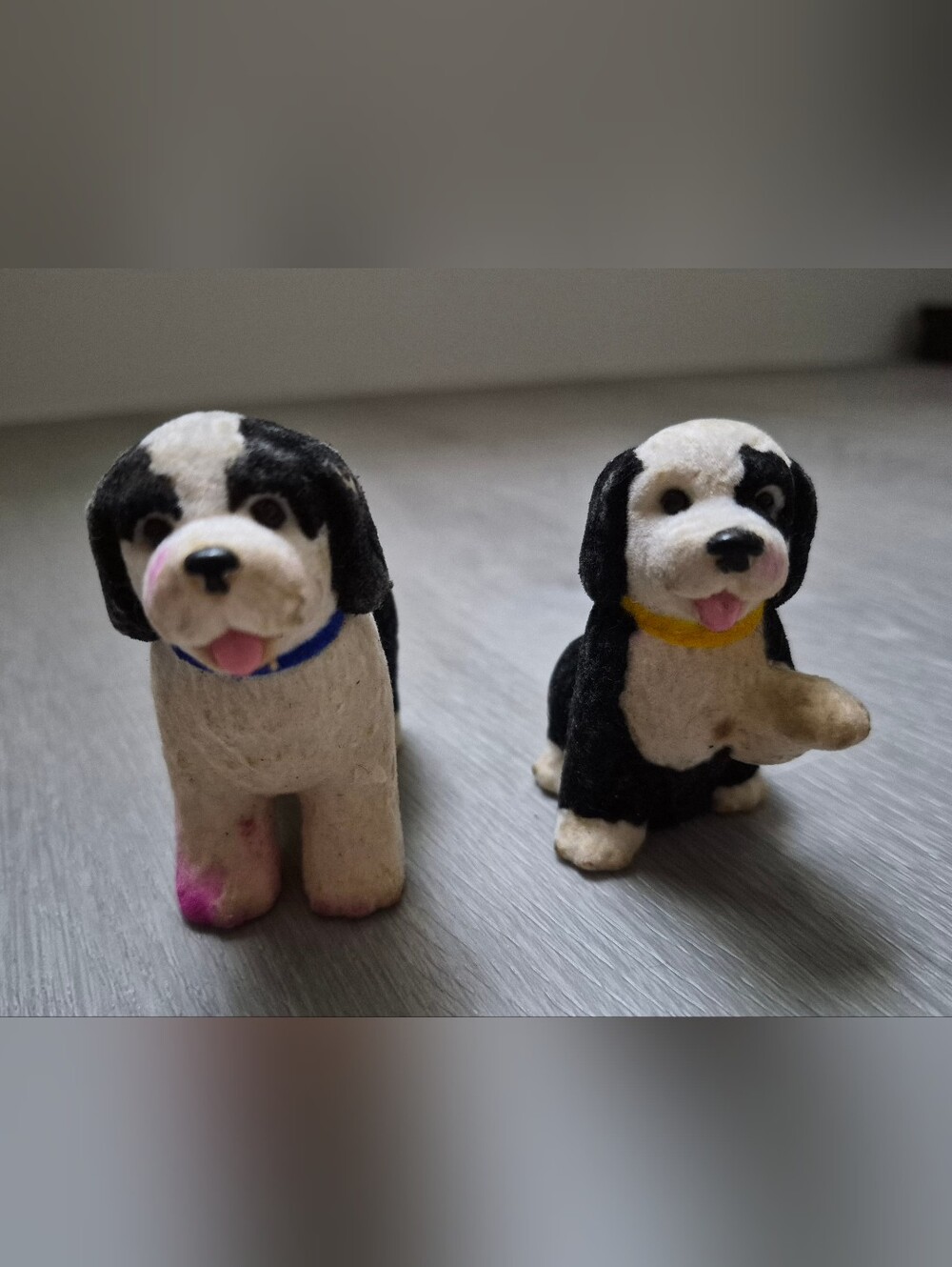 2 Vintage Flocked Black White Spots English Sheepdogs Barbie Dollhouse Pets